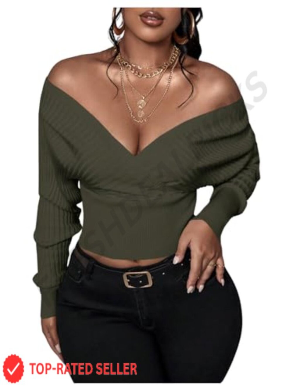 Off Shoulder Wrap V Neck Long Sleeve Knit Crop Sweater Pullover